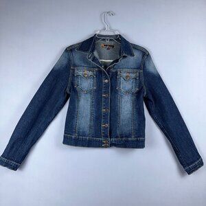 Yuka Jeans Denim Jacket Womens Size Large Button Up Stretch Long Sleeve Blue
